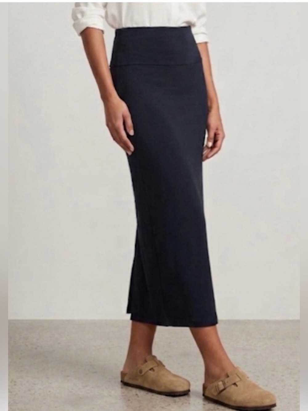 Eileen Fisher Stretch Midi Skirt Size Medium Dark Blue Grey Pull On Waist
